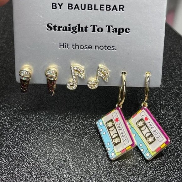BAUBLEBAR SUGARFIX 3 pair Earrings - Microphone Music Note Cassette Tape 90s NEW - Picture 4 of 6